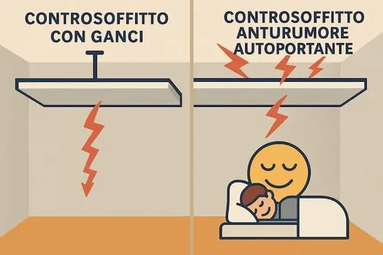 Schema che confronta controsoffitto con ganci e controsoffitto antirumore autoportante con beneficio sul sonno