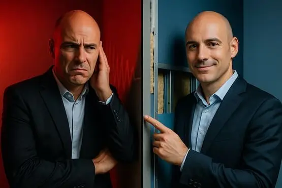 Scena divisa: pannelli che non bloccano il rumore a sinistra, isolamento acustico efficace a destra; soggetto al centro, ambiente calmo