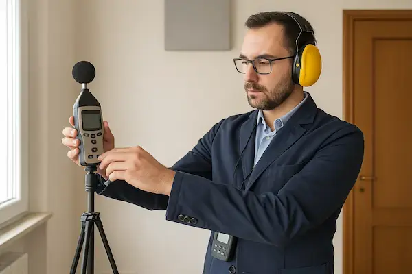 Tecnico esperto Sorgedil effettua misurazioni fonometriche reali durante una consulenza acustica professionale con strumenti certificati.