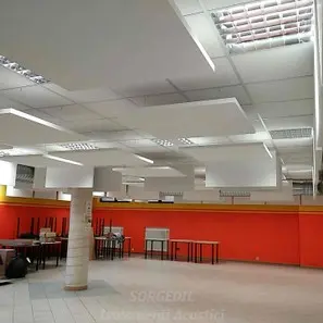Correzione acustica con baffles per ridurre il rimbombo<br /><br />