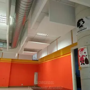 Baffles sospesi per eliminare il rimbombo in mensa scolastica<br /><br />